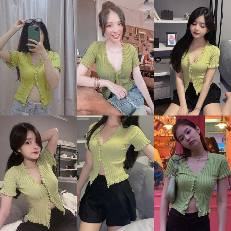 Áo Kiểu NEVER STOP CROPTOP màu XANH LÁ thiết kế gài nút 1 nửa khoe vòng eo chất len dày co giãn hàng nhập quảng châu