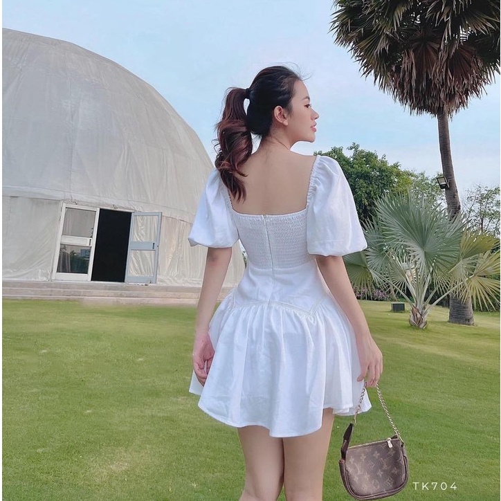 Đầm xòe nhún ngực rút dây đuôi cá tay phồng