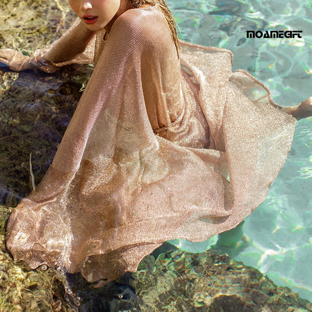 Áo Khoác Cardigan Tay Dài Chống Nắng Phối Lưới Sáng Bóng Thời Trang Đi Biển Cho Nữ