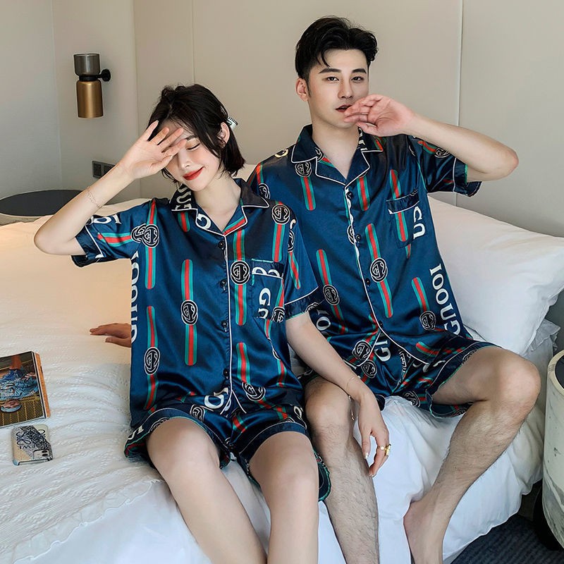 đồ ngủ❧❂❈Cặp đôi pyjama nữ mùa hè băng lụa ngắn tay phần mỏng 2021 mới nam xuân nội thất mặc nhà Bộ quần áo