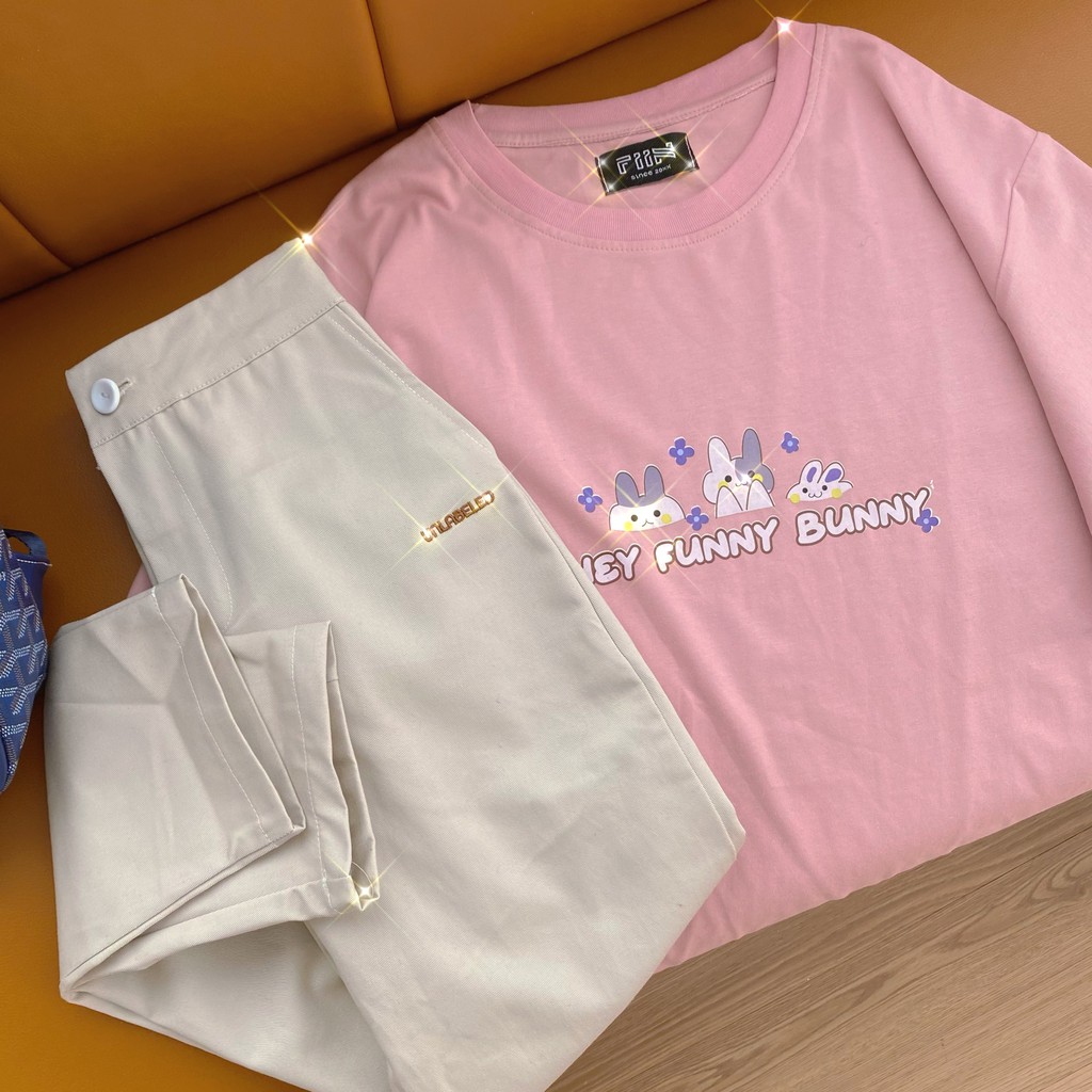 Áo thun tay lỡ HEY FUNNY BUNNY form rộng nhiều màu basic - Made by Fiin