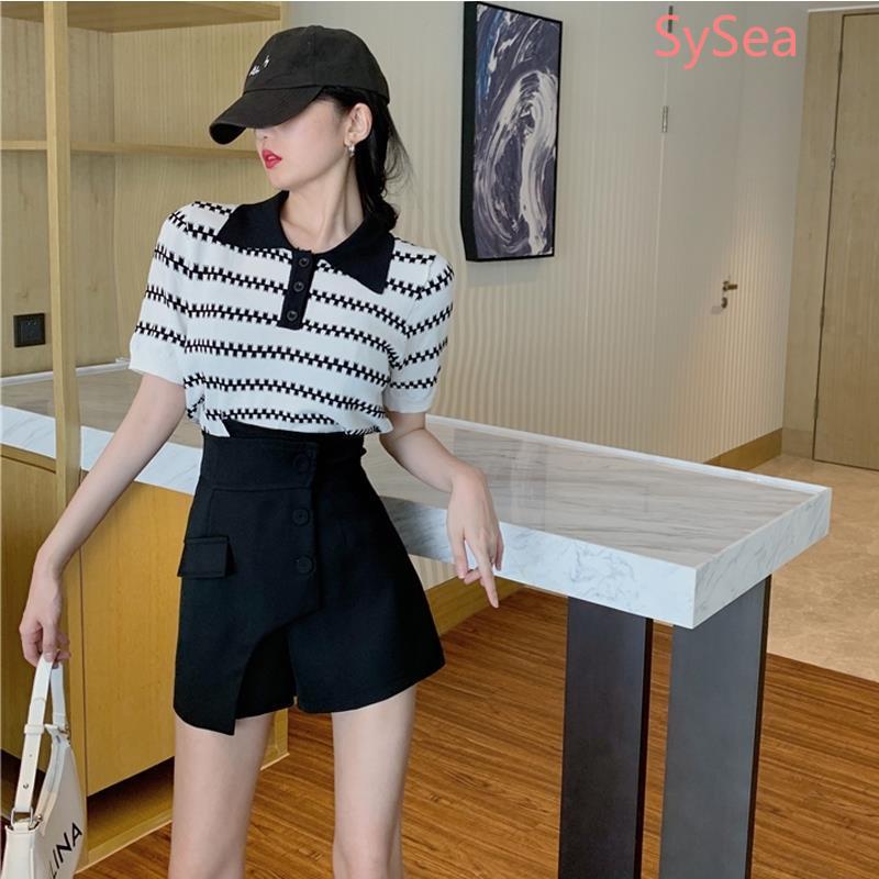 Set Áo Thun Tay Ngắn Kẻ Sọc + Quần Short Lưng Cao Thiết Kế Lệch Tà Cá Tính Cho Nữ