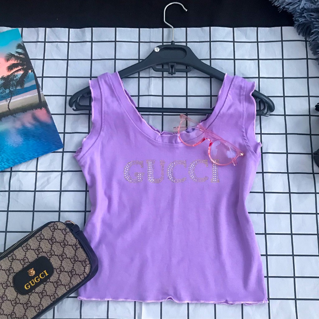 🌸Set đồ bộ nữ Crop Top thể thao 2 dây đính đá chữ Gucci chất thun dày mịn Dễ Thương | Nhỏ Store🌸