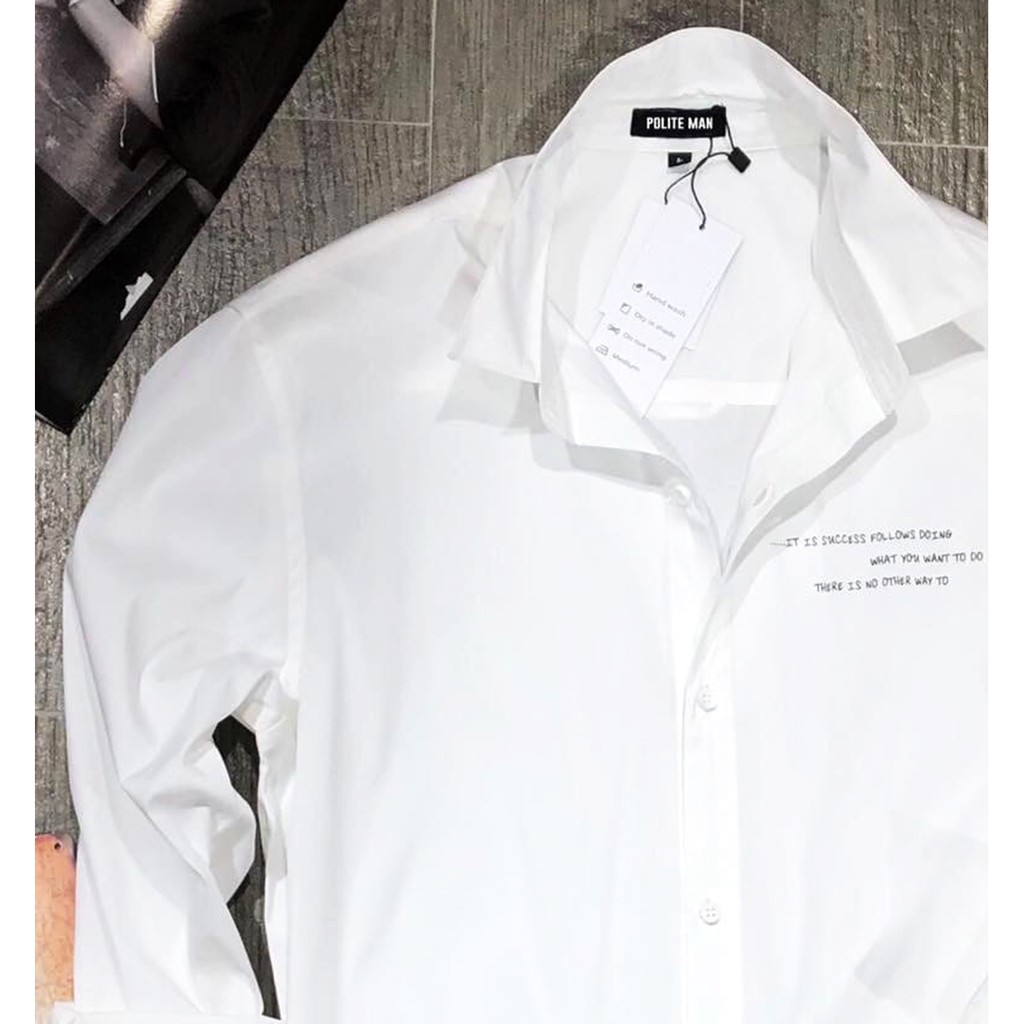 Áo Sơ Mi Trắng Phối Chữ Polite Man Dáng Ôm Nhẹ Sơ Mi Nam Dài Tay Trắng Cổ Bẻ Cotton Thái Chống Nhăn Chống Xù | BigBuy360 - bigbuy360.vn