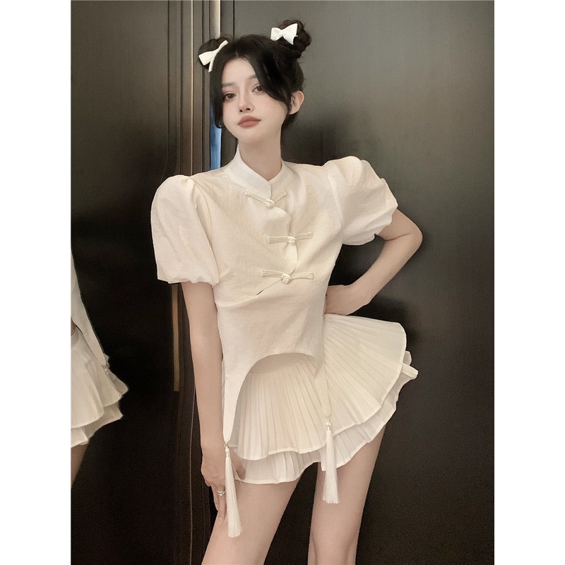 Small fresh sweet bubble sleeve top design sense female niche advanced sense super good looking small stand collar buckle shirt female RayS