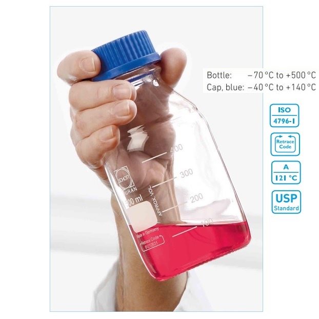 Chai thủy tinh 100ml->500ml lưu mẫu dược liệu, vận chuyển mẫu hóa chất, chuẩn bị mẫu, hấp tiệt trùng môi trường DURAN