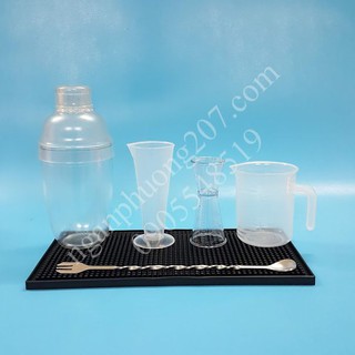 Bộ 6 dụng cụ quầy pha ché (Thảm bar ,Muỗng inox, Ly đong, Ca đong,  Jigger đong, Shaker)