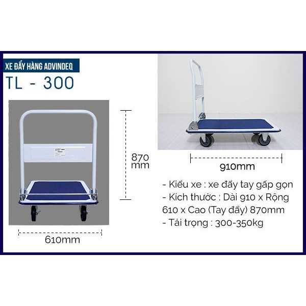 Xe đẩy hàng kéo hàng 4 bánh sàn sắt thép chở 300kg tay đẩy gấp gọn ADVINDEQ TL-300, Bánh xe có chốt hãm Bảo hành 1 năm