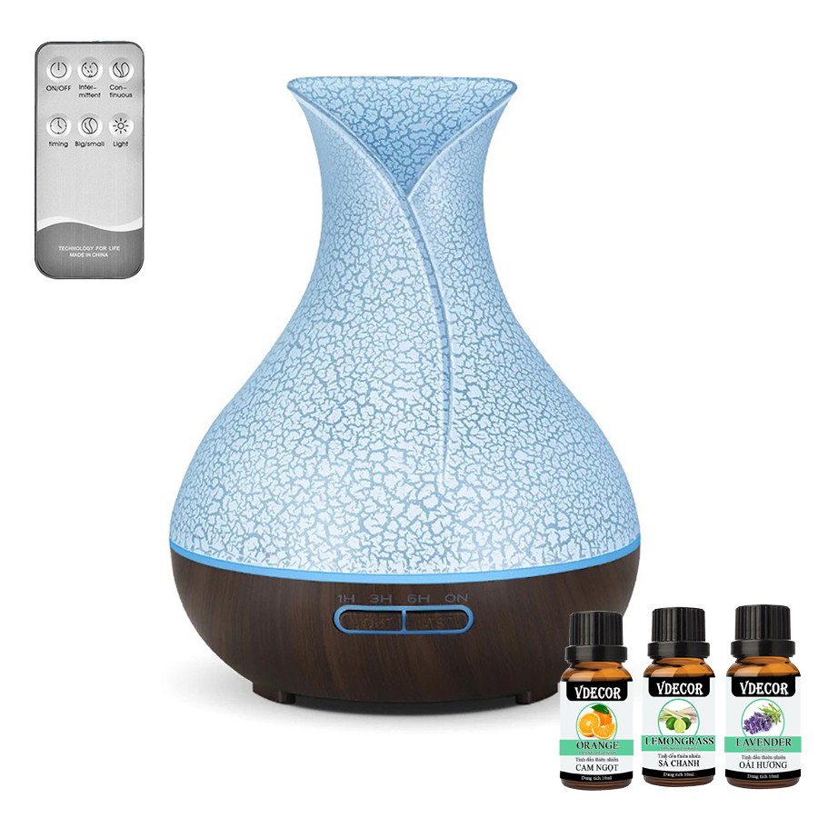 Đèn Xông Tinh Dầu Phun Sương Bình Hoa TUYLIP Vân Gỗ Cao Cấp | Kèm Điều Khiển Từ Xa | TẶNG TINH DẦU