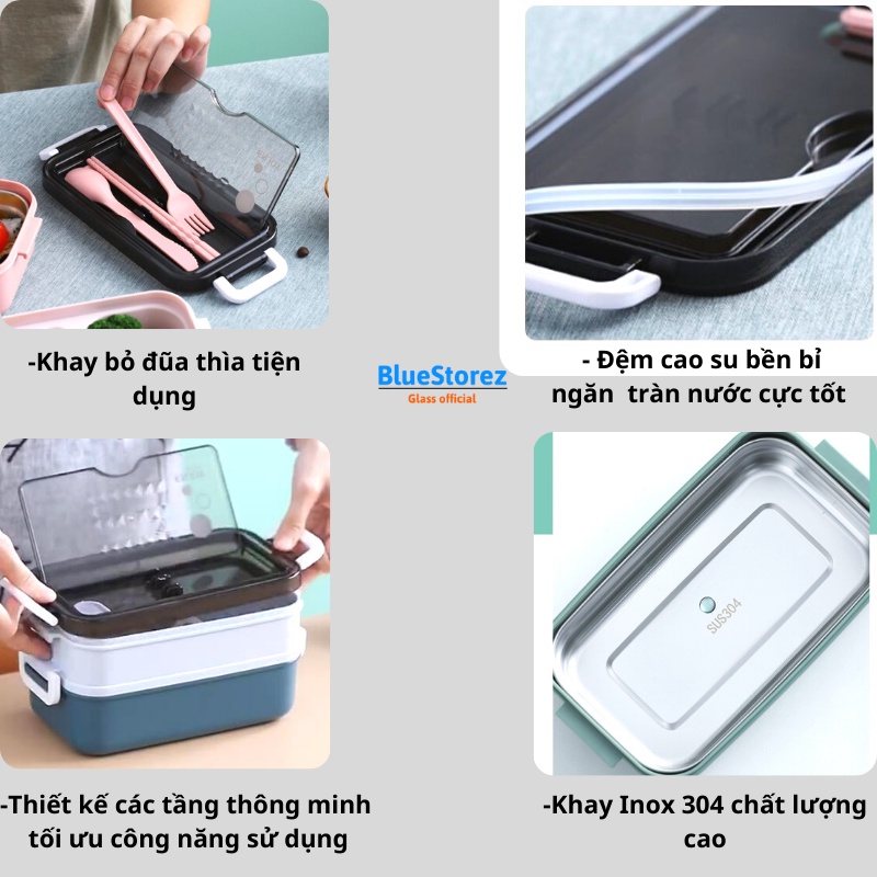 Hộp đựng cơm inox giữ nhiệt văn phòng hai tầng đựng cơm trưa tặng kèm thìa đũa tiện dụng mang đi làm-BlueStore