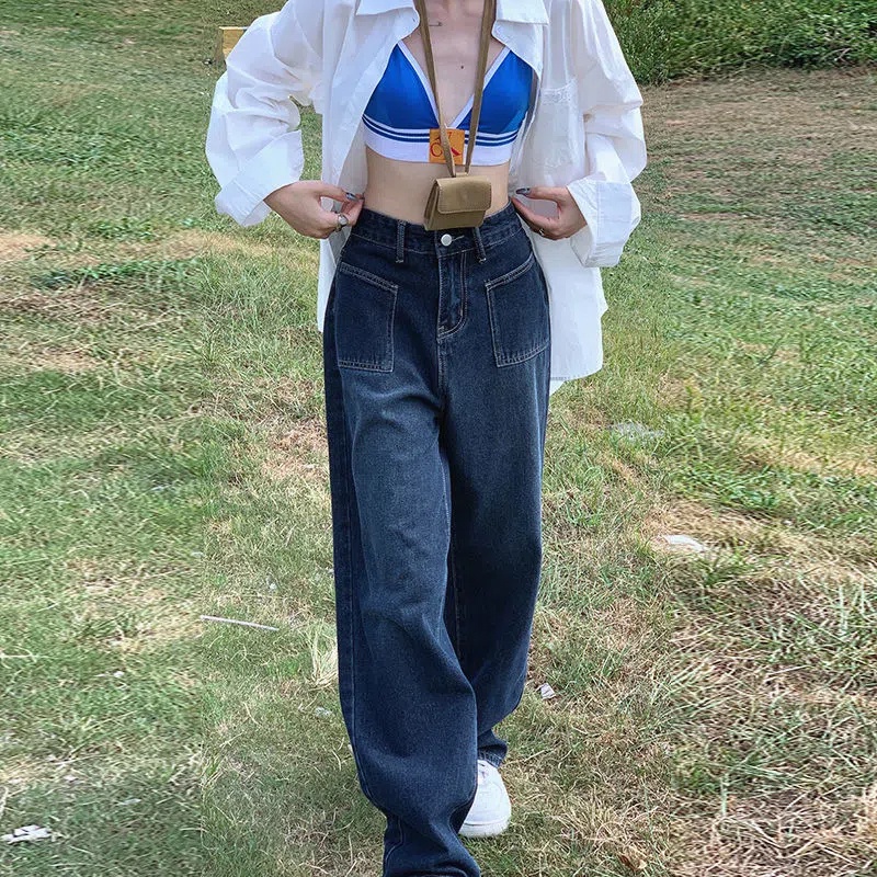 Quần Jean Dài Lưng Cao Ống Rộng Thiết Kế Mới Thời Trang Mùa Thu Dành Cho Nữ