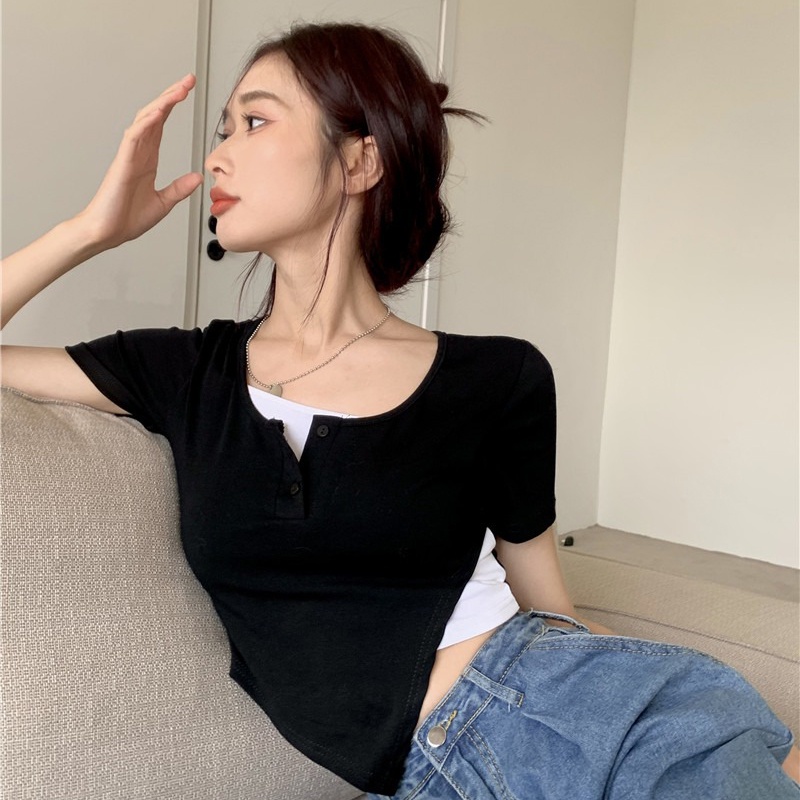 Áo thun IELGY ngắn tay thiết kế không đồng đều thời trang cho nữ