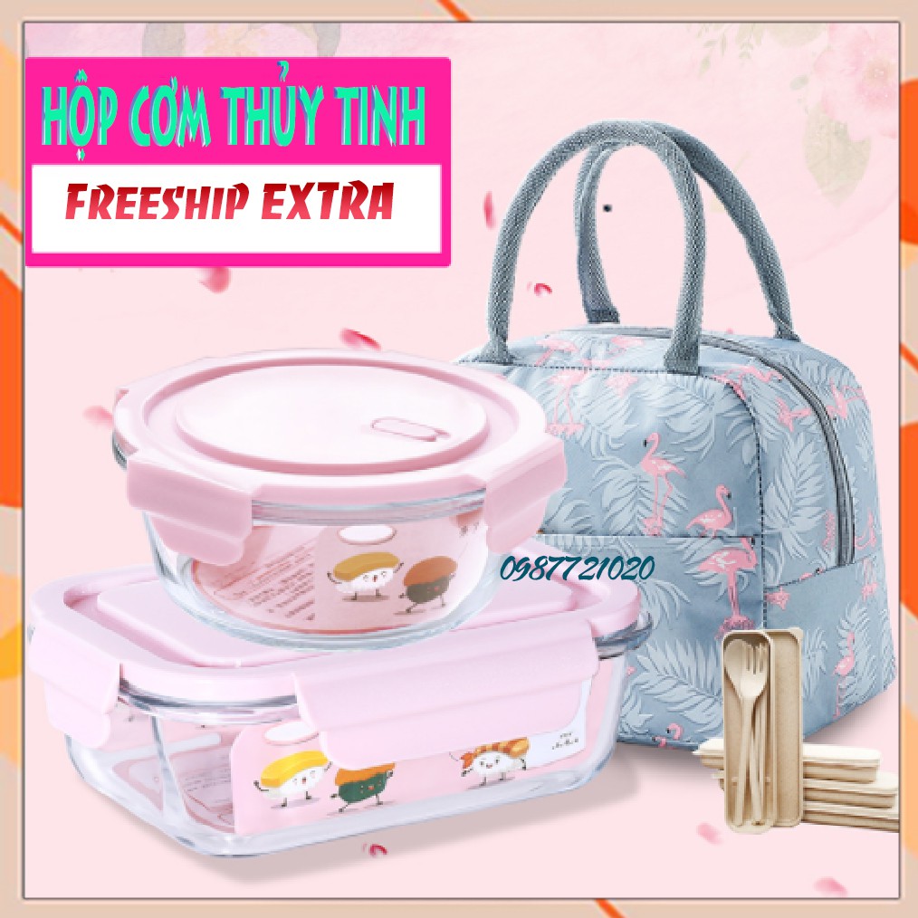 ⚡Shop chuyên sỉ⚡Hộp cơm văn phòng Thủy tinh 3 ngăn|Túi giữ nhiệt có Khóa kéo