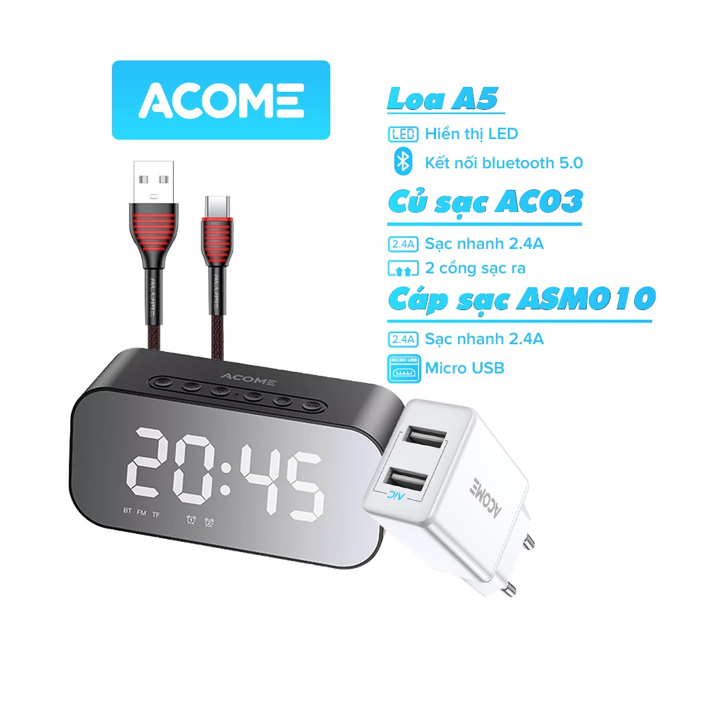 Combo Loa Bluetooth Đồng Hồ ACOME A5 - Cốc Sạc AC03 - Cáp Micro ASM010 - BẢO HÀNH 12 THÁNG