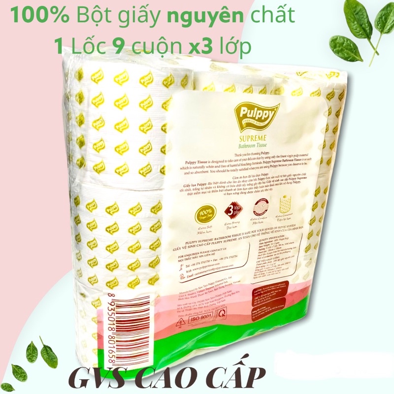 GIẤY VỆ SINH CAO CẤP PULPPY SURPREME BATHROOM TISUE 1 LỐC 9 CUỘN X3 LỚP