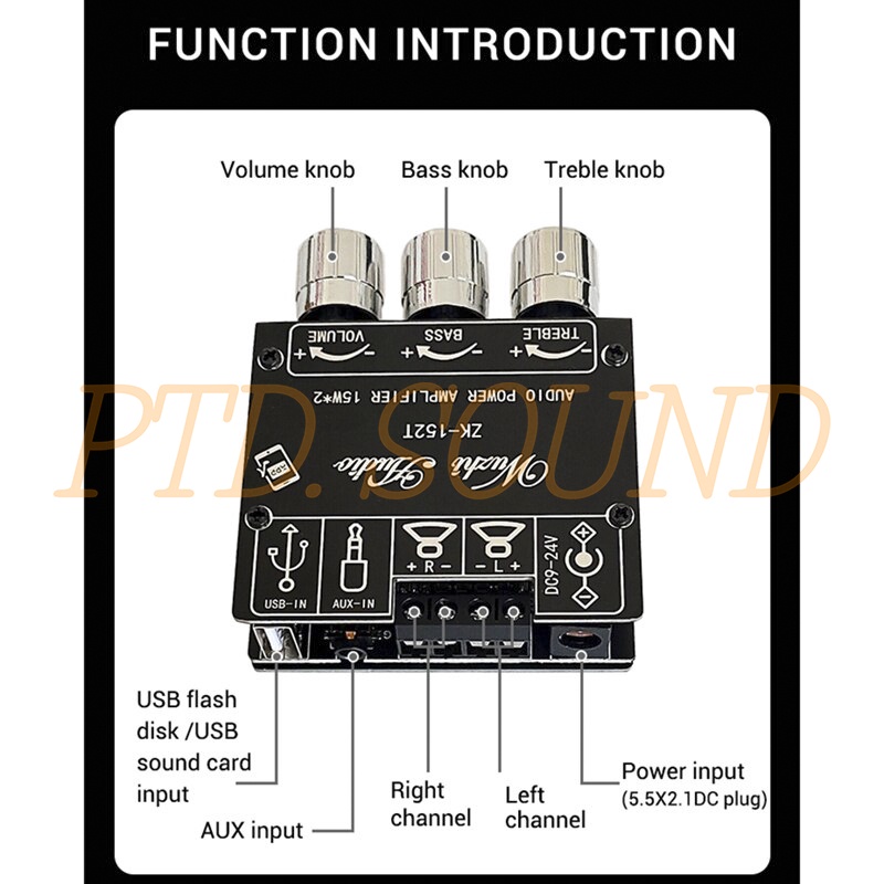 Mạch Wuzhi ZK - 152T khuếch đại âm thanh bluetooth 15w*2 chỉnh âm sắc. Mã Ampli ZK-152T Dùng DIY loa từ PTD Sound