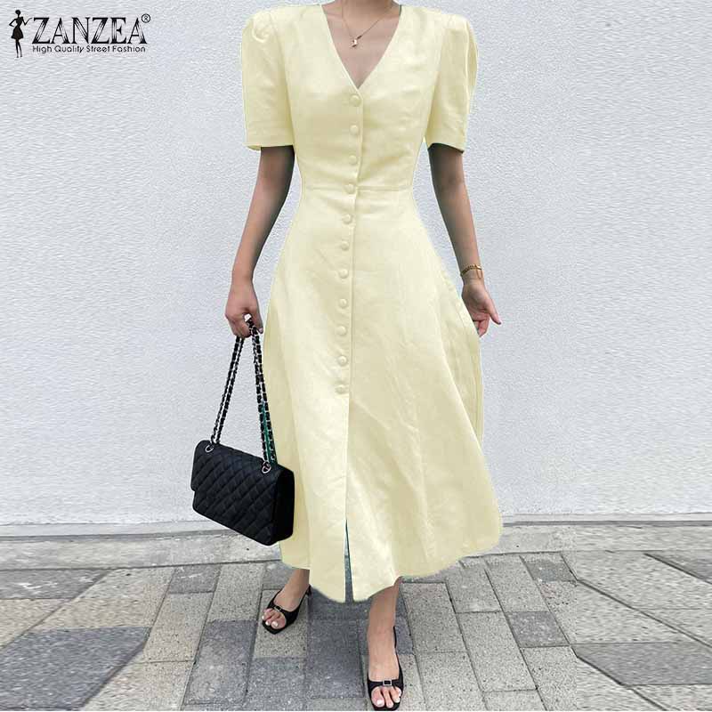 Đầm dài ZANZEA tay ngắn phồng cổ chữ V phong cách Hàn Quốc thời trang cho nữ