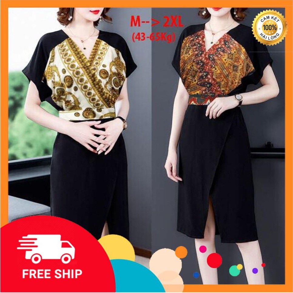 Đầm ôm - Đầm body cánh dơi xẻ tà in họa tiết