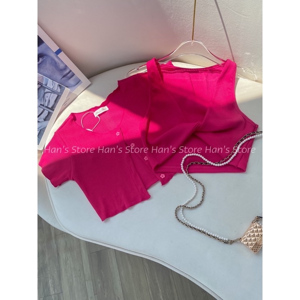 SET ÁO GÂN LEN XOẮN NGỰC KÈM KHOÁC NÚT HOA