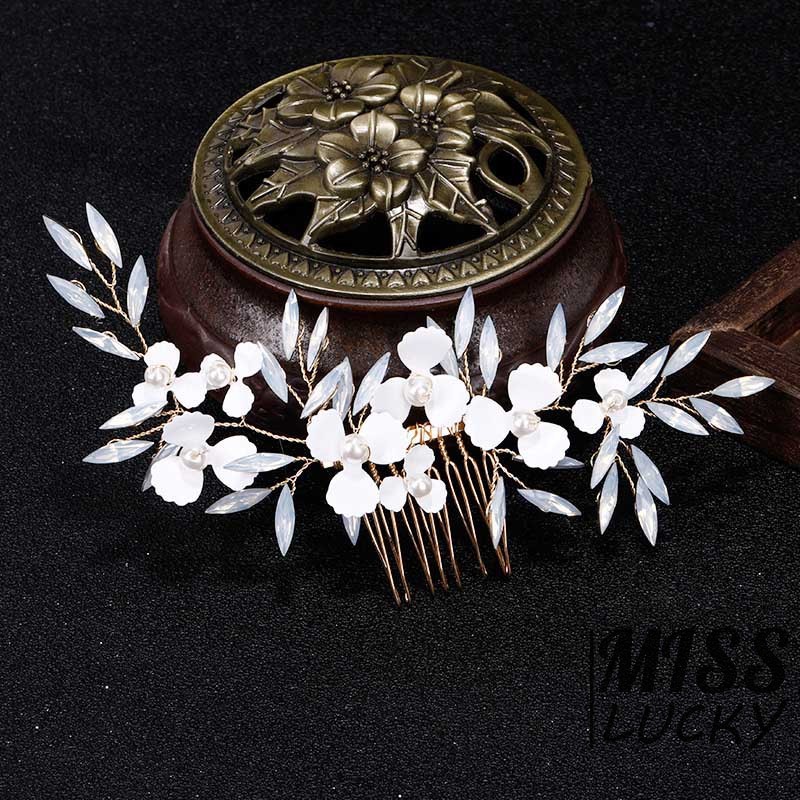 ❤HHN-VN White Leaf Flower Gold Hair Comb Pearl Bridal Hair Jewelry Handmade Wedding Accessories Wome