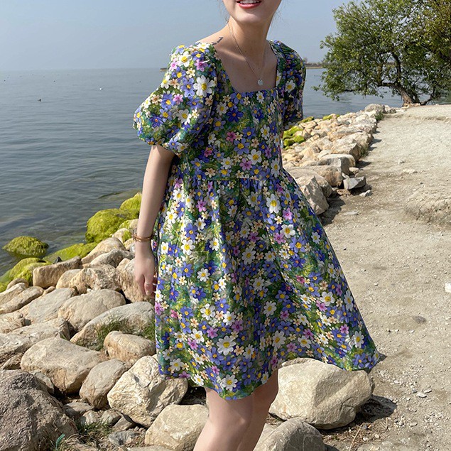 [SALE MẠNH] Váy hoa nhí cổ vuông tay bồng sang chảnh