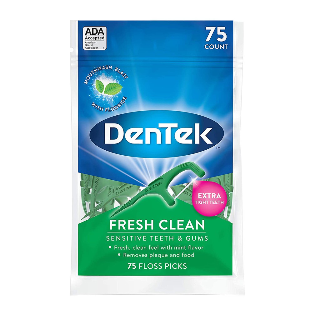 Gói 75 cây tăm chỉ nha khoa và vệ sinh lưỡi DenTek Fresh Clean Floss Picks Silky Comfort Floss (Mỹ)