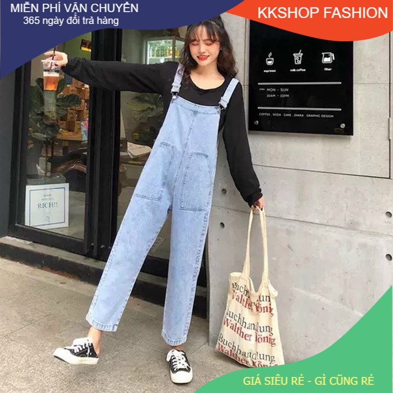 Quần yếm jean nữ dài ống suông kiểu form yếm dài 2 túi to thời trang teen KKShopFashion