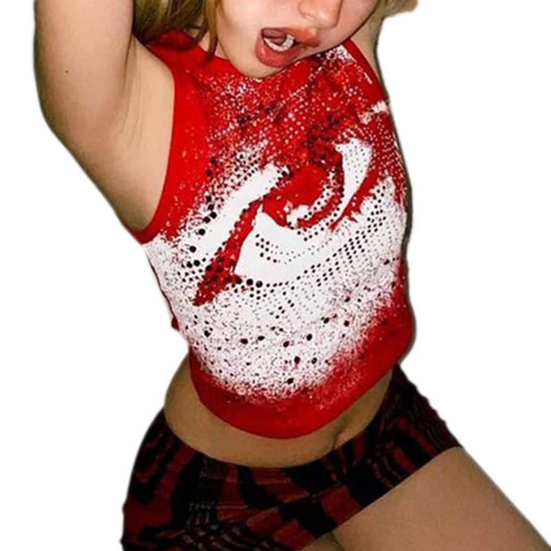 Áo Croptop Không Tay Cổ Tròn In Họa Tiết Đôi Mắt To Màu Gradient Phong Cách Harajuku Gothic Punk Cho Nữ