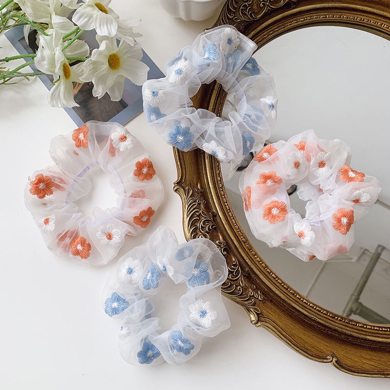 Dây Buộc Tóc Lưới Thêu Hoa Cúc Nhỏ Màu Xanh Dương Dễ Thương Phong Cách Hàn Quốc