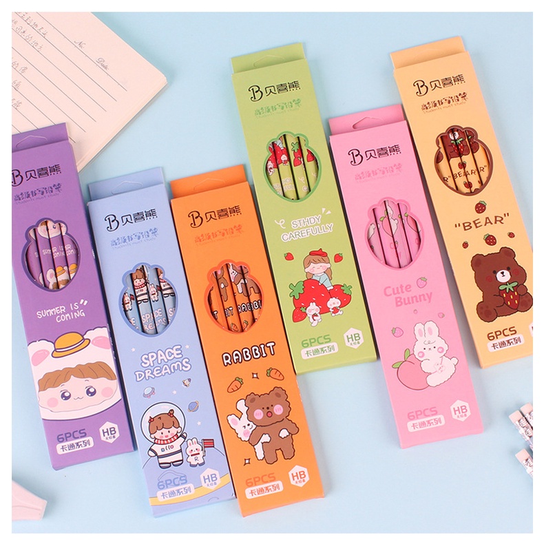 Hộp bút chì gỗ HB vẽ cute dễ thương 4 bút có tẩy hình đáng yêu cho bé học sinh