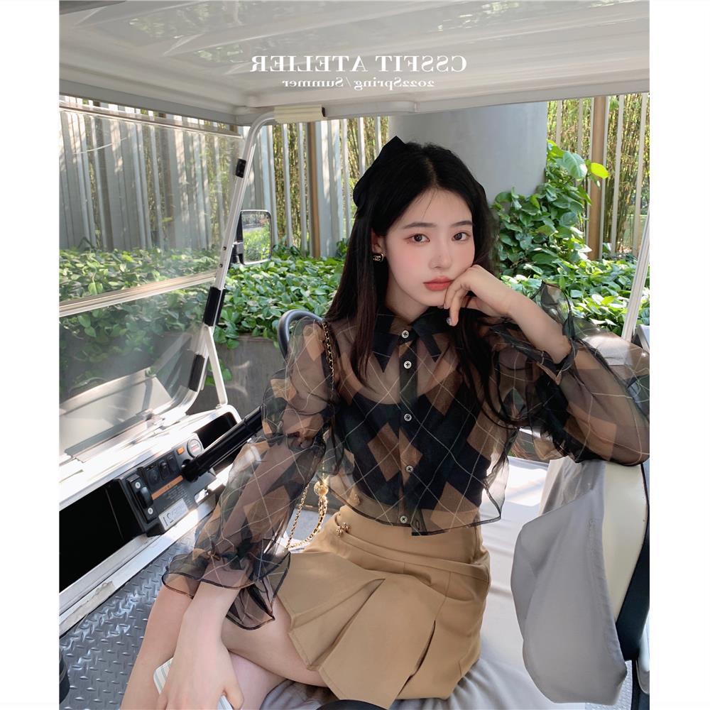 AMOI Áo Sơ Mi Chiffon Tay Dài Họa Tiết Kẻ Sọc Phong Cách Retro Thời Trang Cho Nữ