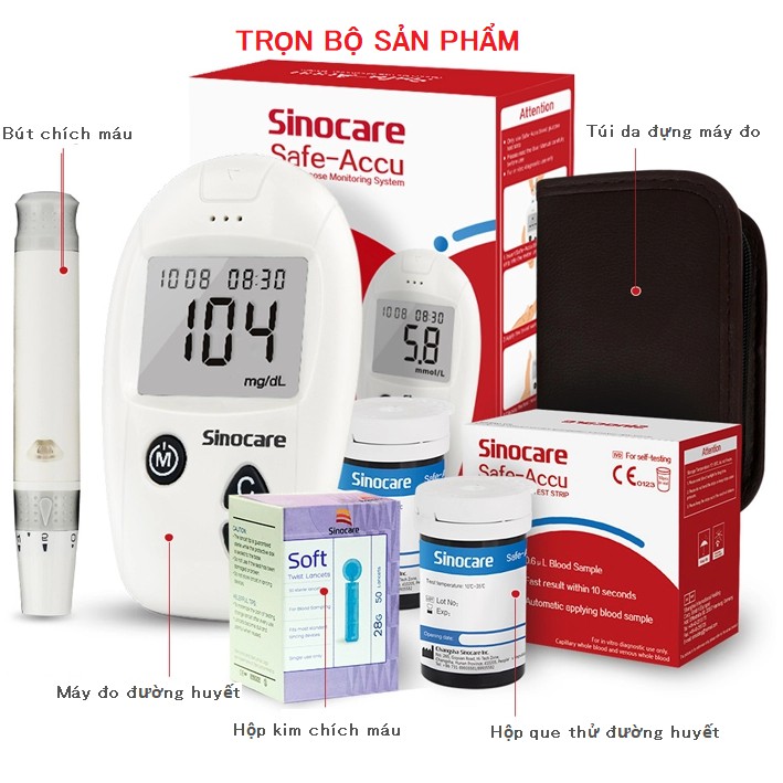 Máy Đo Đường Huyết Safe AQ Smart SINOCARE VIETNAM Tặng kèm 50 Que thử Và 50 Kim