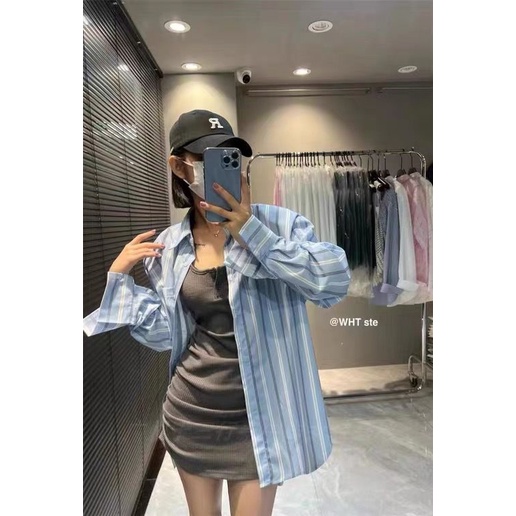 Áo Sơ Mi Dài Tay Dáng Rộng Họa Tiết Kẻ Sọc In Chữ Phong Cách Hàn Quốc Thời Trang Mùa Thu Hàng Mới