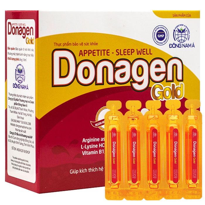 Donagen Gold, hỗ trợ bổ sung acid amin (Arginine, L-Lysine, GABA) và các vitamin giúp ăn ngon, ngủ tốt Hộp 20 ống x 10ml
