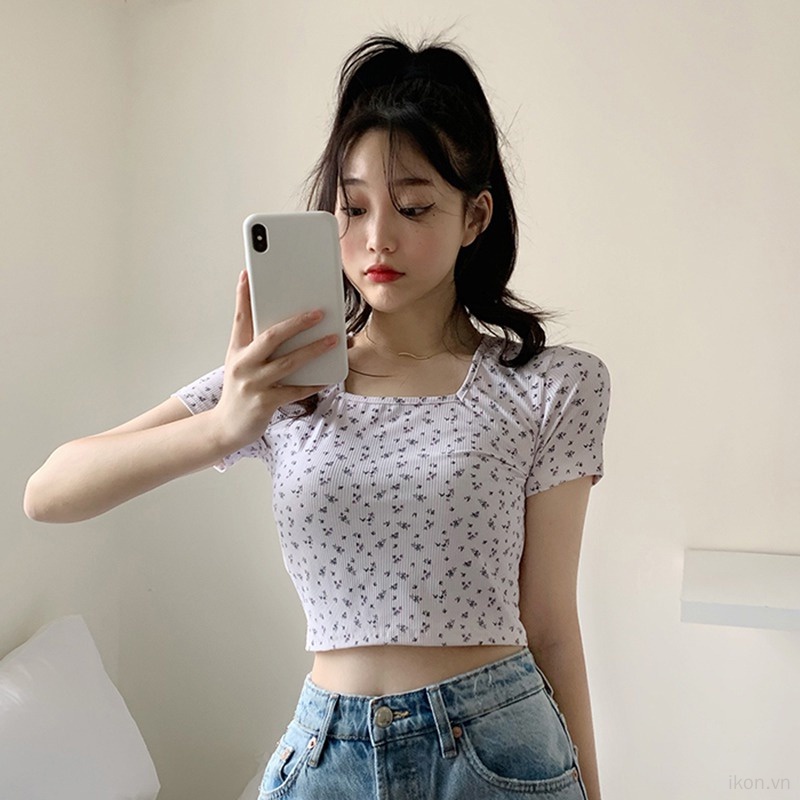 Áo Thun Croptop Ngắn Tay Cổ Vuông Form Ôm Thời Trang Cho Nữ