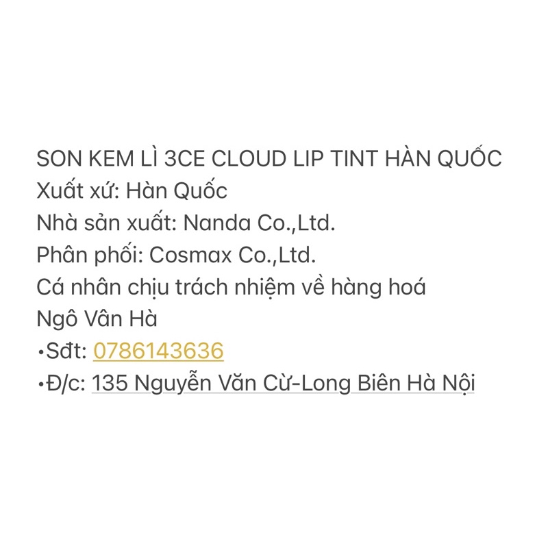 SON KEM LÌ 3CE CLOUD LIP TINT HÀN QUỐC