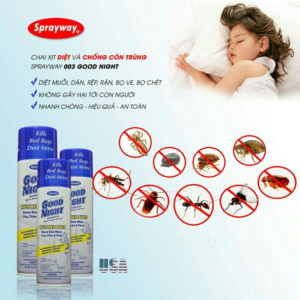 Chai Diệt Bọ chét, chấy, rận, bọ chó mèo Sprayway Goodnight 003 Từ Mỹ (Trắng Xanh)