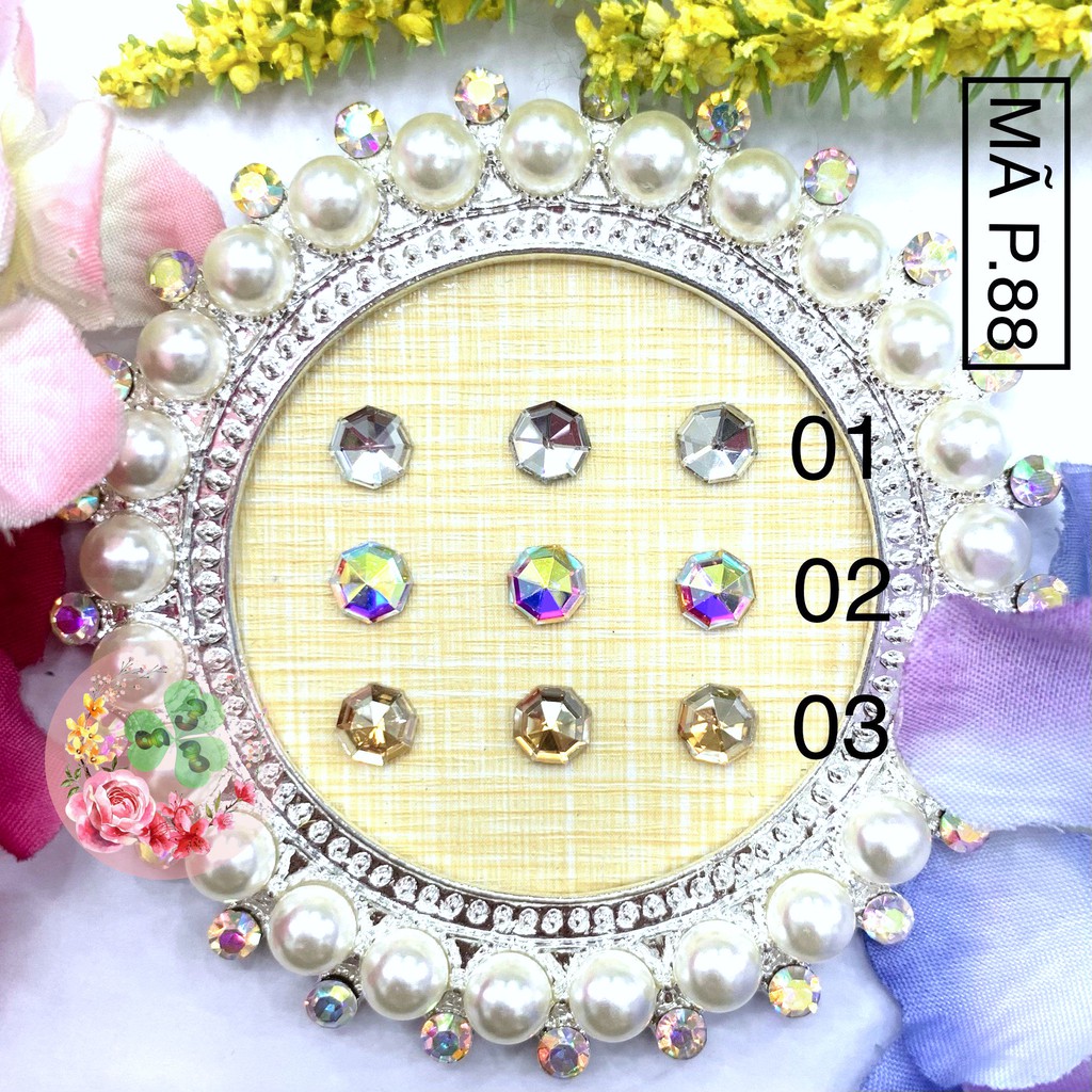 2 viên - Màu P88. Đá khối chân bằng siêu bắt sáng, đính dán móng.