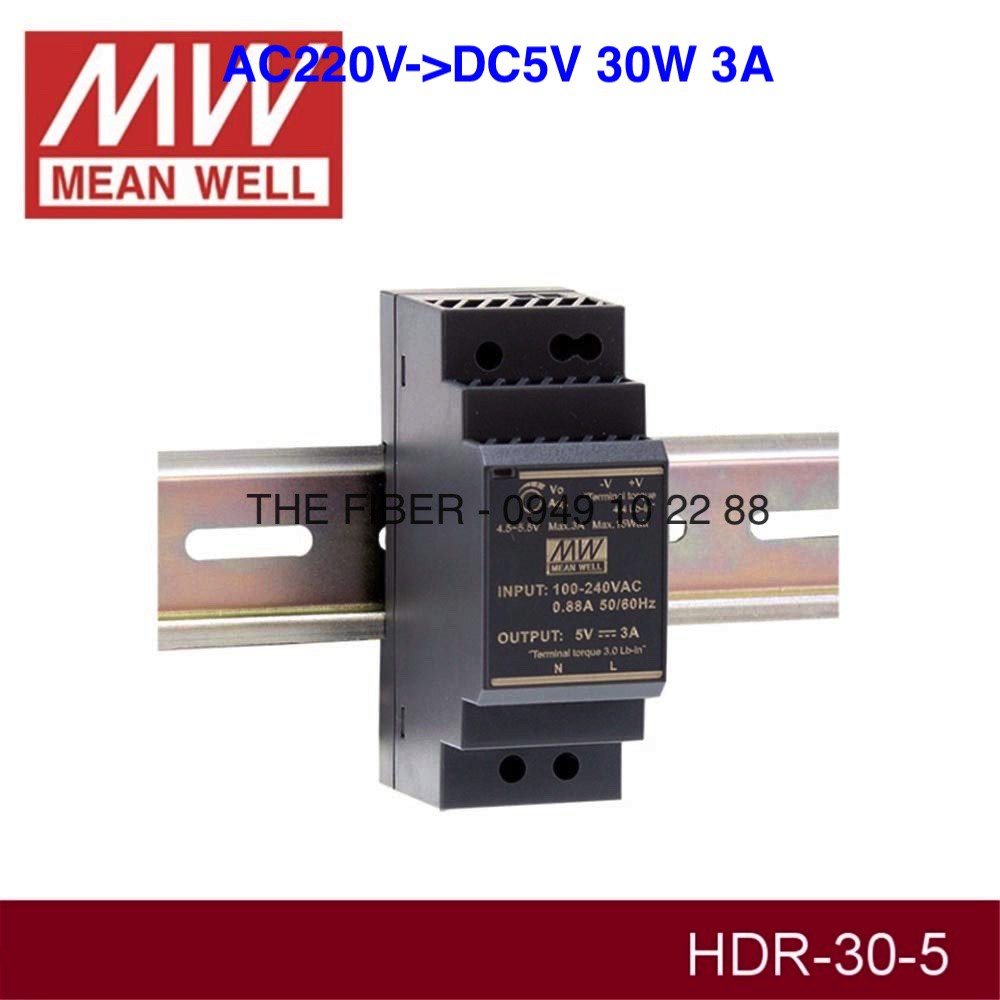 Bộ đổi nguồn điện HDR-30-5 AC220V - DC5V 30W 3A gắn thanh RAY - DIN Rail - Hãng Meanwell