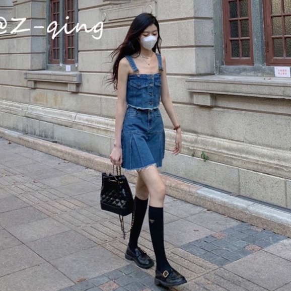 Set Áo Hai Dây Phối Chân váy jean Chữ A Lưng Cao Thời Trang Hàn Quốc Cá Tính Cho Nữ