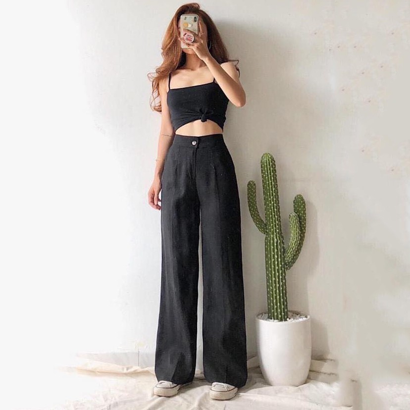 Quần ống rộng vải đũi lưng cao dài 100cm - chất đũi mềm mại thoáng mát - Màu đen, trắng, kem MIX đồ cực đỉnh | BigBuy360 - bigbuy360.vn