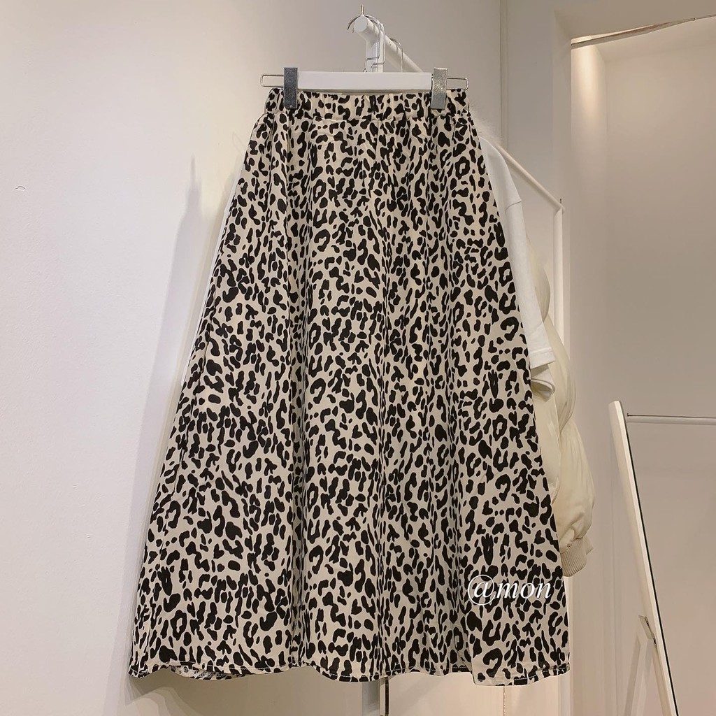 2101397 Chân váy midi nữ dáng xòe ulzzang họa tiết da báo freesize màu be đen xinh xắn | BigBuy360 - bigbuy360.vn