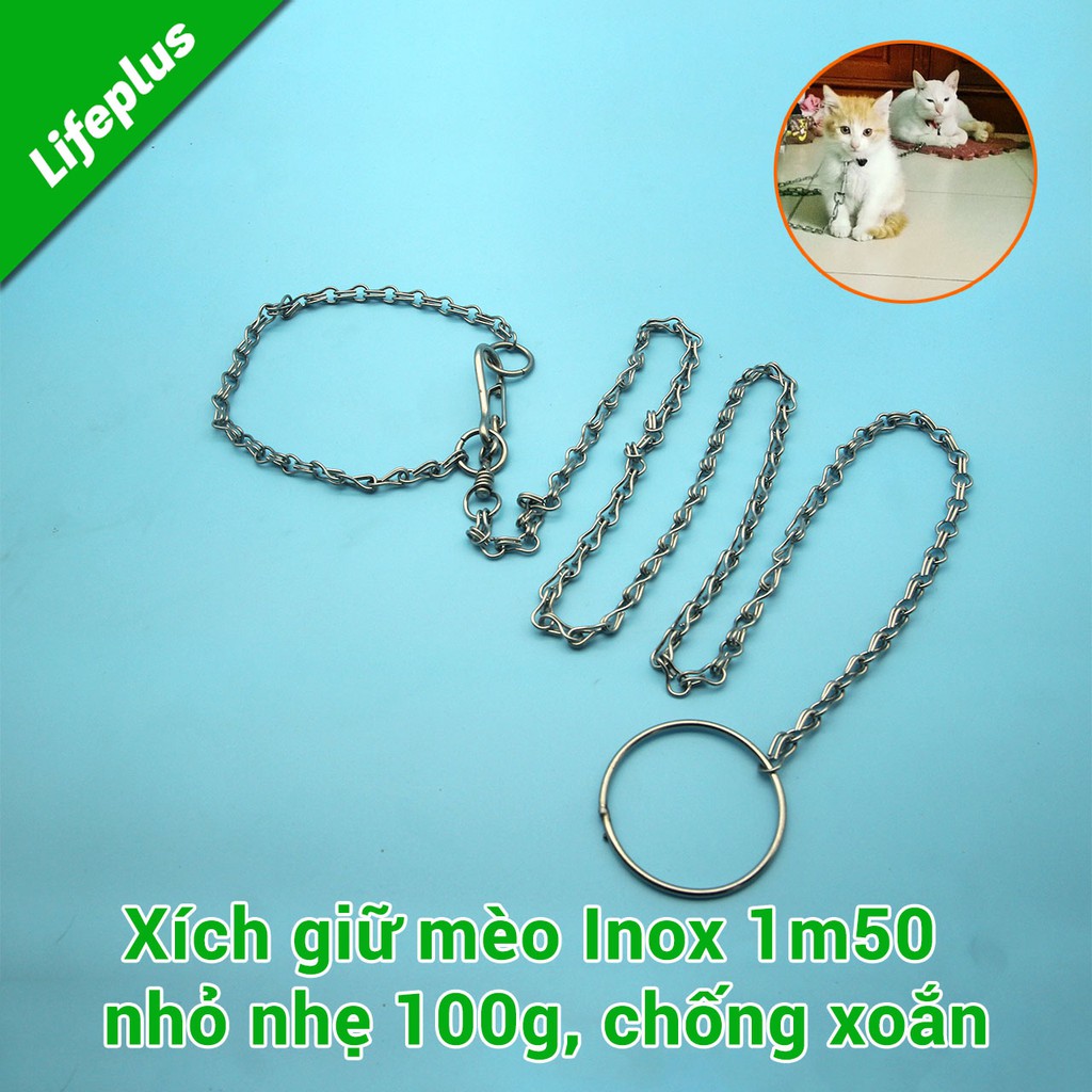 Xích giữ mèo Inox 1m50 nhỏ nhẹ 100g, chống xoắn, có thể tháo thành xích ngắn