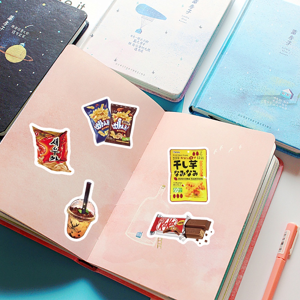 Set 50 chiếc sticker chống nước SNACK AND DRINK ĂN VẶT dán mũ bảo hiểm, vali, laptop, xe máy đàn, tường