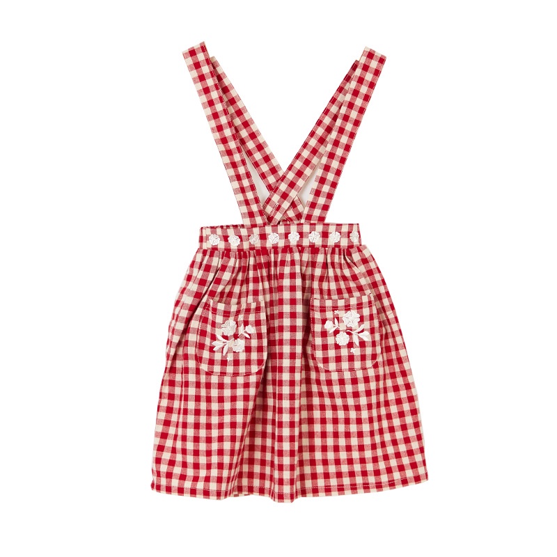 Yếm váy caro đỏ Bebezoo thêu hoa cho bé BEB3SK101
