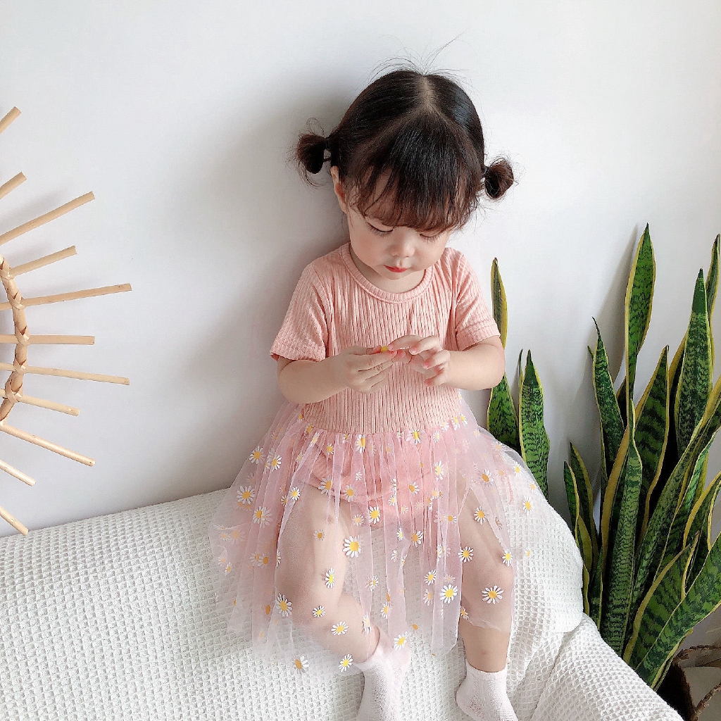 Jumpsuit cotton tutu lưới hoạ tiết hoa cúc công chúa tay ngắn cho bé gái