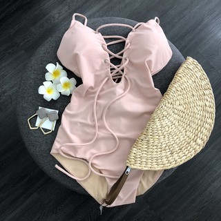 VIBES Bộ đồ bơi liền thân đan dây màu hồng OP Strap Pink