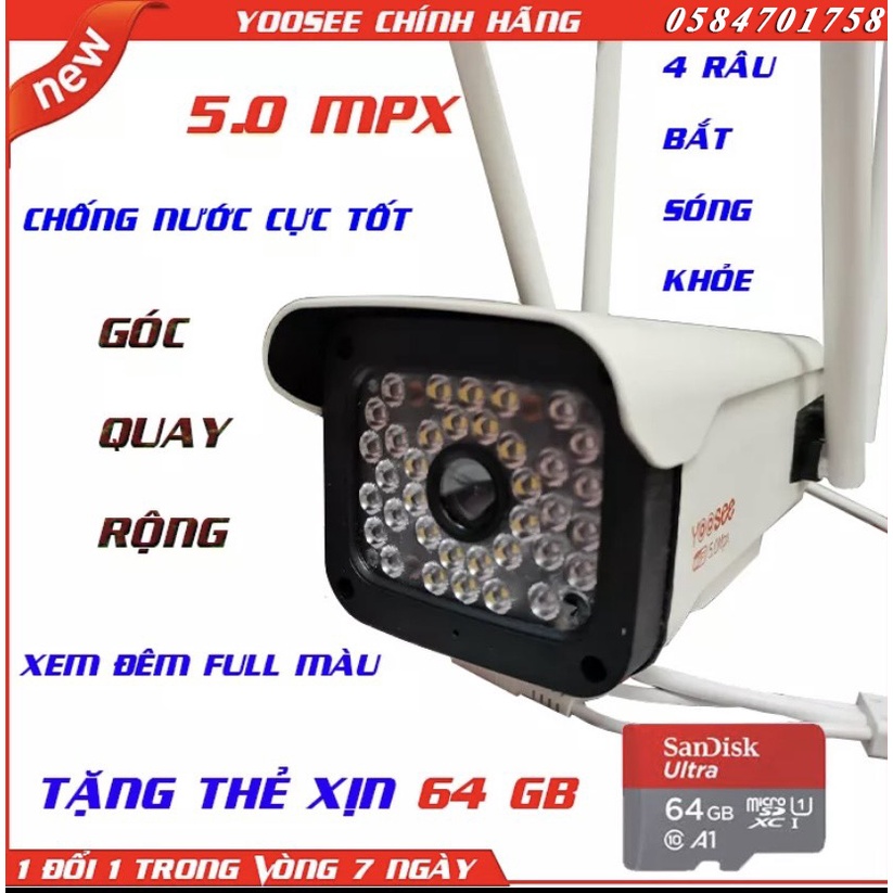 TẶNG THẺ XỊN 64GB CAMERA YOOSEE THÂN XOAY 360 NGOÀI TRỜI 5.0 MPX 36 LED 4 RÂU,BẮT SÓNG KHỎE,SẮC NÉT, XEM ĐÊM CÓ MÀU