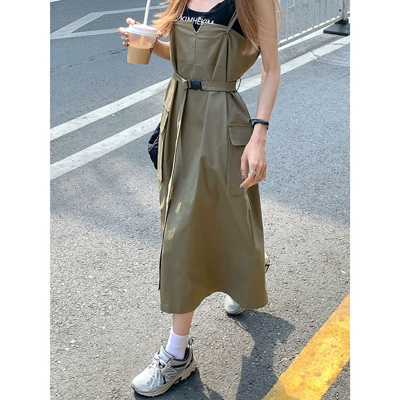 Yunyun Clothing Family ~ New Korean Sleeveless Tooling Sling Dress + Two Piece Solid Color Top in Summer 2021[delivery Within 15 Days ]