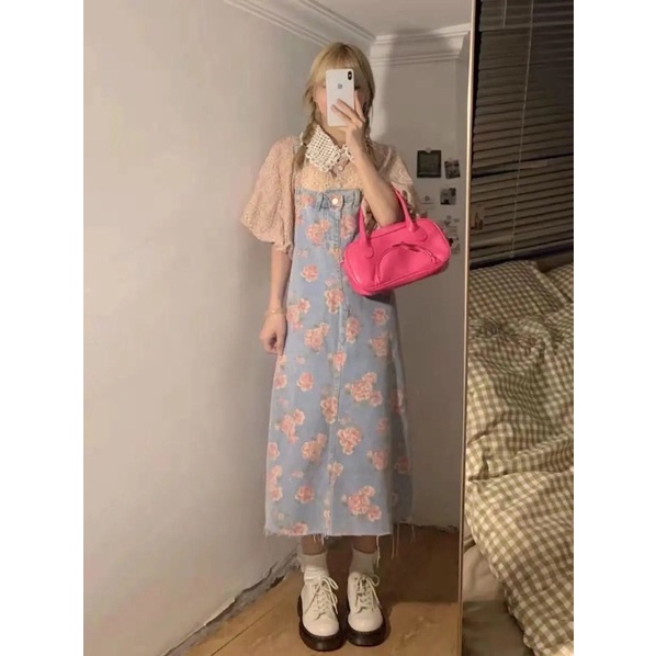 Yếm denim hoa retro Pháp